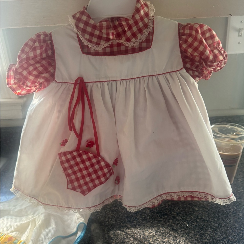 1960s-1970s Vintage Cradle Togs Red & White Gingham Apron Lace dress